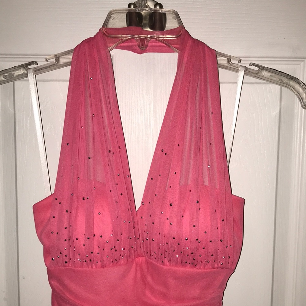 Light pink, floor length, prom dress